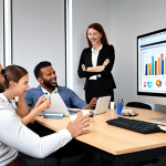 **A modern office scene with employees actively engaged in a feedback session. Include diverse team members, visual aids like charts showing customer satisfaction scores, and a relaxed, collaborative atmosphere.**