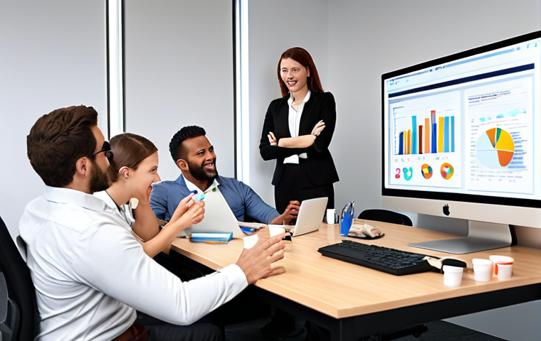 **A modern office scene with employees actively engaged in a feedback session. Include diverse team members, visual aids like charts showing customer satisfaction scores, and a relaxed, collaborative atmosphere.**