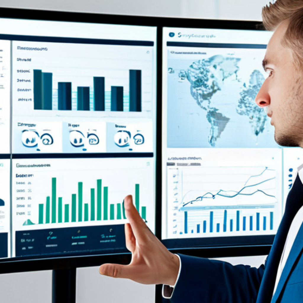 A professional business intelligence expert, fully clothed in a modest business suit, observing a large, modern digital interface that displays complex data visualizations. The screen shows intricate graphs, interactive charts, and sentiment analysis word clouds, with some text subtly indicating Polish customer feedback phrases. The setting is a sleek, brightly lit corporate office with a clean design. The expert's posture is natural and professional, indicating deep focus. Perfect anatomy, correct proportions, natural pose, well-formed hands, proper finger count, natural body proportions. Professional photography, high detail, safe for work, appropriate content, fully clothed, professional.