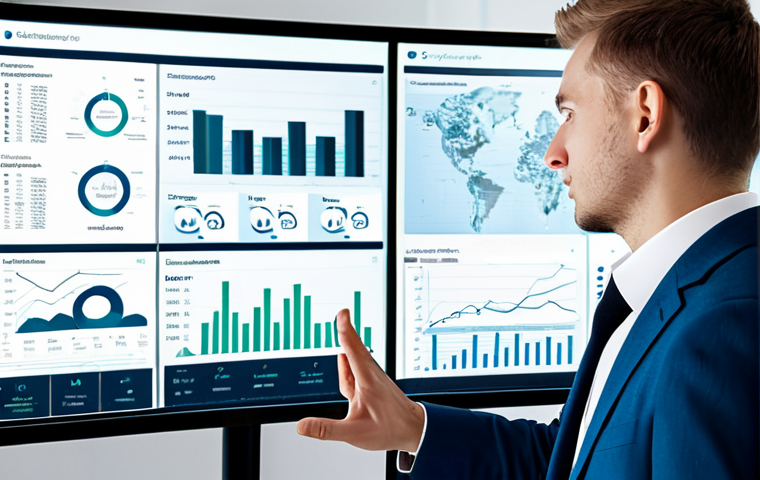 A professional business intelligence expert, fully clothed in a modest business suit, observing a large, modern digital interface that displays complex data visualizations. The screen shows intricate graphs, interactive charts, and sentiment analysis word clouds, with some text subtly indicating Polish customer feedback phrases. The setting is a sleek, brightly lit corporate office with a clean design. The expert's posture is natural and professional, indicating deep focus. Perfect anatomy, correct proportions, natural pose, well-formed hands, proper finger count, natural body proportions. Professional photography, high detail, safe for work, appropriate content, fully clothed, professional.