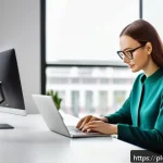 Home 19 효과적인 고객 피드백 요청 템플릿 - A modern, clean office environment showing a marketing specialist at a sleek desk, thoughtfully craf...